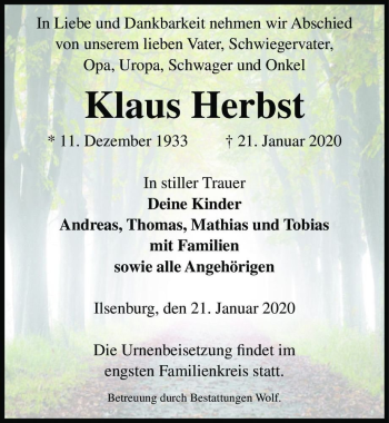 Traueranzeige von Klaus Herbst  von Magdeburger Volksstimme