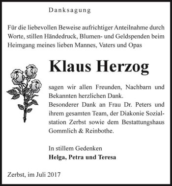 Traueranzeige von Klaus Herzog  von Magdeburger Volksstimme