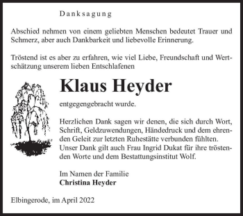 Traueranzeige von Klaus Heyder  von Magdeburger Volksstimme