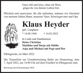 Traueranzeige von Klaus Heyder (geb. Langhans)  von Magdeburger Volksstimme