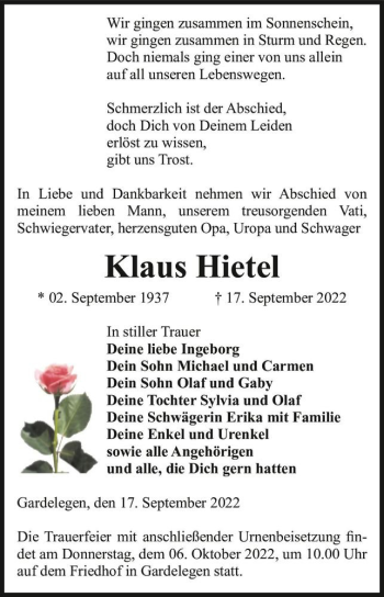 Traueranzeige von Klaus Hietel  von Magdeburger Volksstimme