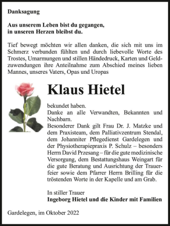Traueranzeige von Klaus Hietel  von Magdeburger Volksstimme