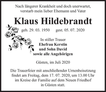Traueranzeige von Klaus Hildebrandt  von Magdeburger Volksstimme