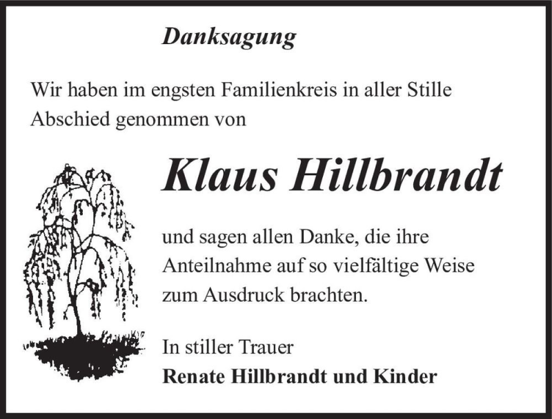  Traueranzeige für Klaus Hillbrandt  vom 09.05.2020 aus Magdeburger Volksstimme
