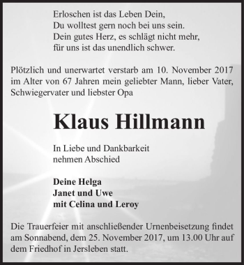 Traueranzeige von Klaus Hillmann  von Magdeburger Volksstimme