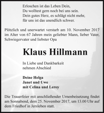 Traueranzeige von Klaus Hillmann  von Magdeburger Volksstimme
