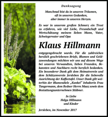 Traueranzeige von Klaus Hillmann  von Magdeburger Volksstimme