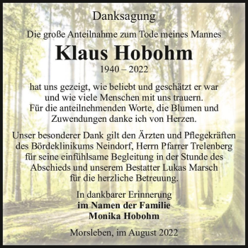 Traueranzeige von Klaus Hobohm  von Magdeburger Volksstimme
