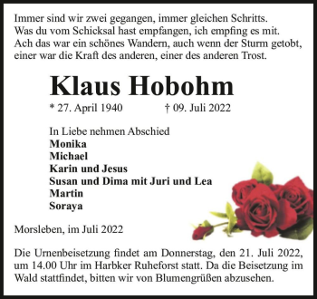 Traueranzeige von Klaus Hobohm  von Magdeburger Volksstimme