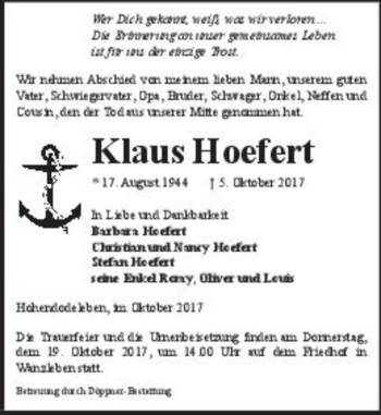 Traueranzeige von Klaus Hoefert  von Magdeburger Volksstimme