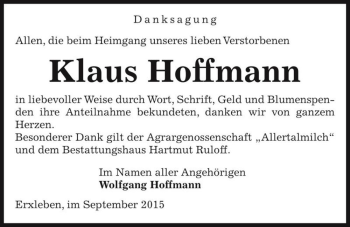 Traueranzeige von Klaus Hoffmann  von Magdeburger Volksstimme