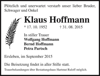 Traueranzeige von Klaus Hoffmann  von Magdeburger Volksstimme