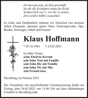 Traueranzeige von Klaus Hoffmann  von Magdeburger Volksstimme