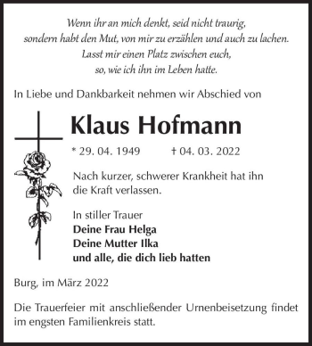 Traueranzeige von Klaus Hofmann  von Magdeburger Volksstimme