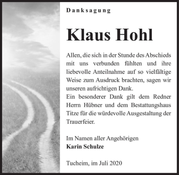 Traueranzeige von Klaus Hohl  von Magdeburger Volksstimme