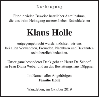 Traueranzeige von Klaus Holle  von Magdeburger Volksstimme