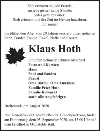 Traueranzeige von Klaus Hoth  von Magdeburger Volksstimme