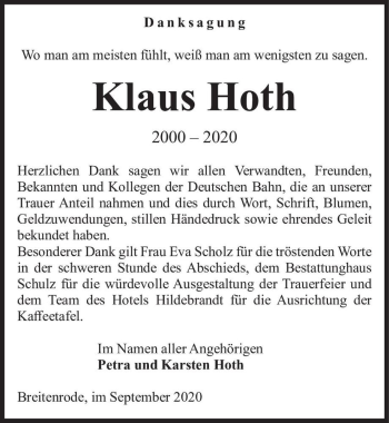 Traueranzeige von Klaus Hoth  von Magdeburger Volksstimme