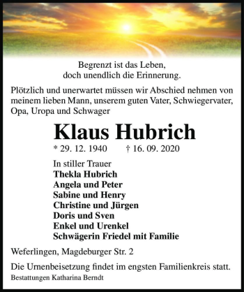 Traueranzeige von Klaus Hubrich  von Magdeburger Volksstimme