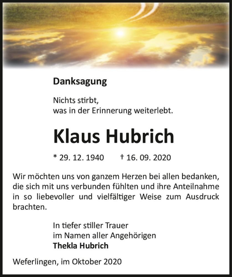  Traueranzeige für Klaus Hubrich  vom 10.10.2020 aus Magdeburger Volksstimme