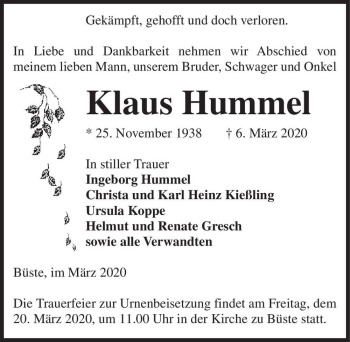 Traueranzeige von Klaus Hummel  von Magdeburger Volksstimme