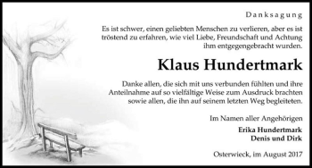 Traueranzeige von Klaus Hundertmark  von Magdeburger Volksstimme