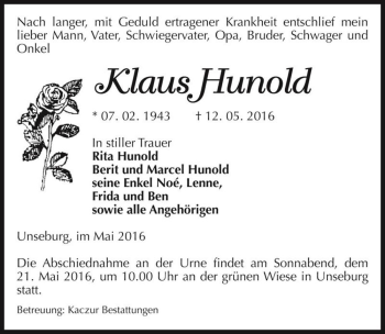 Traueranzeige von Klaus Hunold  von Magdeburger Volksstimme