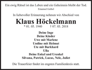 Traueranzeige von Klaus Höckelmann  von Magdeburger Volksstimme