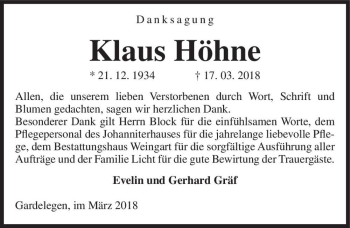 Traueranzeige von Klaus Höhne  von Magdeburger Volksstimme