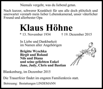 Traueranzeige von Klaus Höhne  von Magdeburger Volksstimme