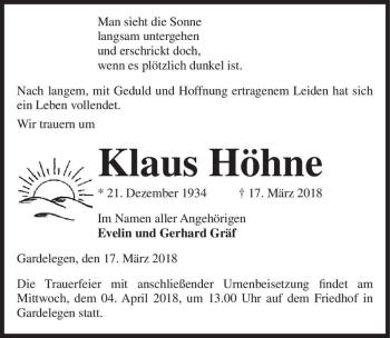 Traueranzeige von Klaus Höhne  von Magdeburger Volksstimme
