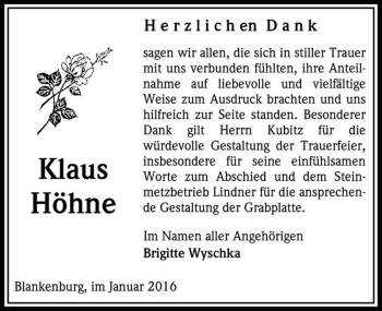 Traueranzeige von Klaus Höhne  von Magdeburger Volksstimme