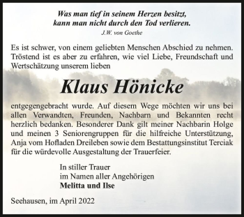 Traueranzeige von Klaus Hönicke  von Magdeburger Volksstimme