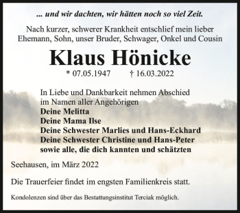 Traueranzeige von Klaus Hönicke  von Magdeburger Volksstimme