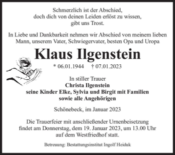 Traueranzeige von Klaus Ilgenstein  von Magdeburger Volksstimme