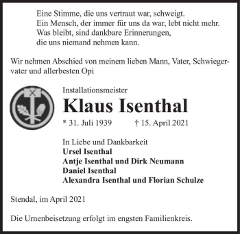 Traueranzeige von Klaus Isenthal  von Magdeburger Volksstimme