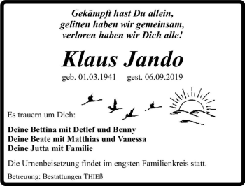 Traueranzeige von Klaus Jando  von Magdeburger Volksstimme