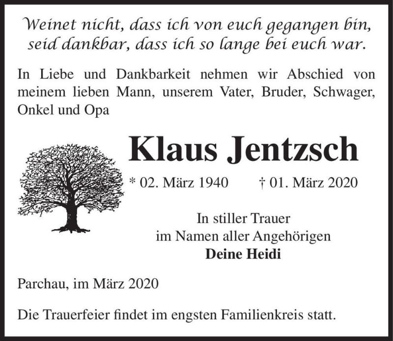  Traueranzeige für Klaus Jentzsch  vom 07.03.2020 aus Magdeburger Volksstimme
