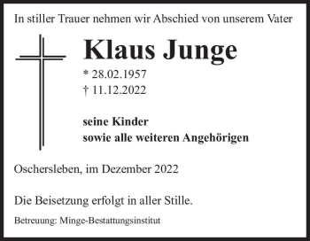 Traueranzeige von Klaus Junge  von Magdeburger Volksstimme
