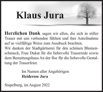 Traueranzeige von Klaus Jura  von Magdeburger Volksstimme
