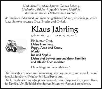 Traueranzeige von Klaus Jährling  von Magdeburger Volksstimme