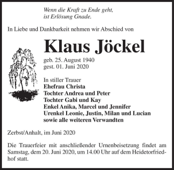 Traueranzeige von Klaus Jöckel  von Magdeburger Volksstimme