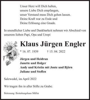 Traueranzeige von Klaus Jürgen Engler  von Magdeburger Volksstimme