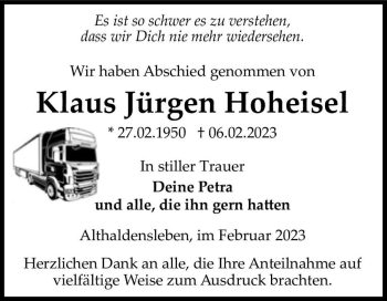 Traueranzeige von Klaus Jürgen Hoheisel  von Magdeburger Volksstimme
