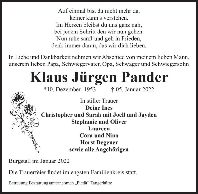  Traueranzeige für Klaus Jürgen Pander  vom 15.01.2022 aus Magdeburger Volksstimme