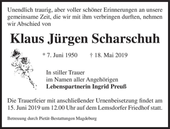 Traueranzeige von Klaus Jürgen Scharschuh  von Magdeburger Volksstimme