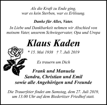 Traueranzeige von Klaus Kaden  von Magdeburger Volksstimme