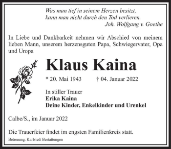 Traueranzeige von Klaus Kaina  von Magdeburger Volksstimme