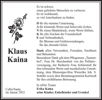 Traueranzeige von Klaus Kaina  von Magdeburger Volksstimme