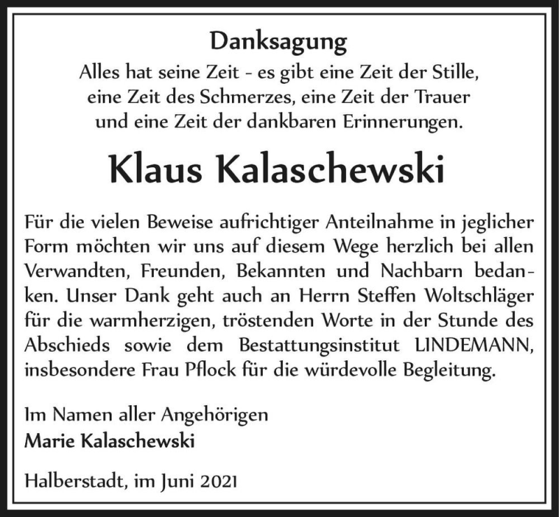  Traueranzeige für Klaus Kalaschewski  vom 26.06.2021 aus Magdeburger Volksstimme